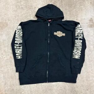 Vintage Y2K Harley Davidson Motorcycles Black Zip Up Hoodie Sleeve Hits XL